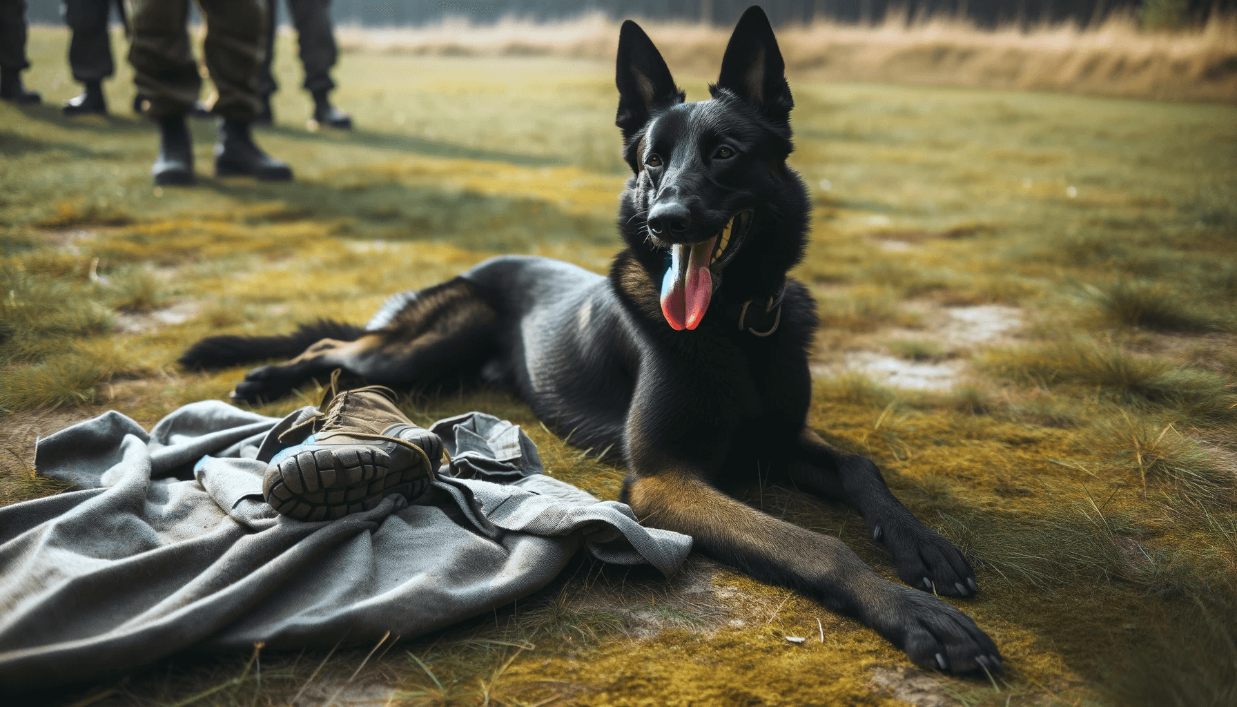 Rare Black Belgian Malinois lying on grass with one front paw extended forward in a relaxed posture with its tongue out.