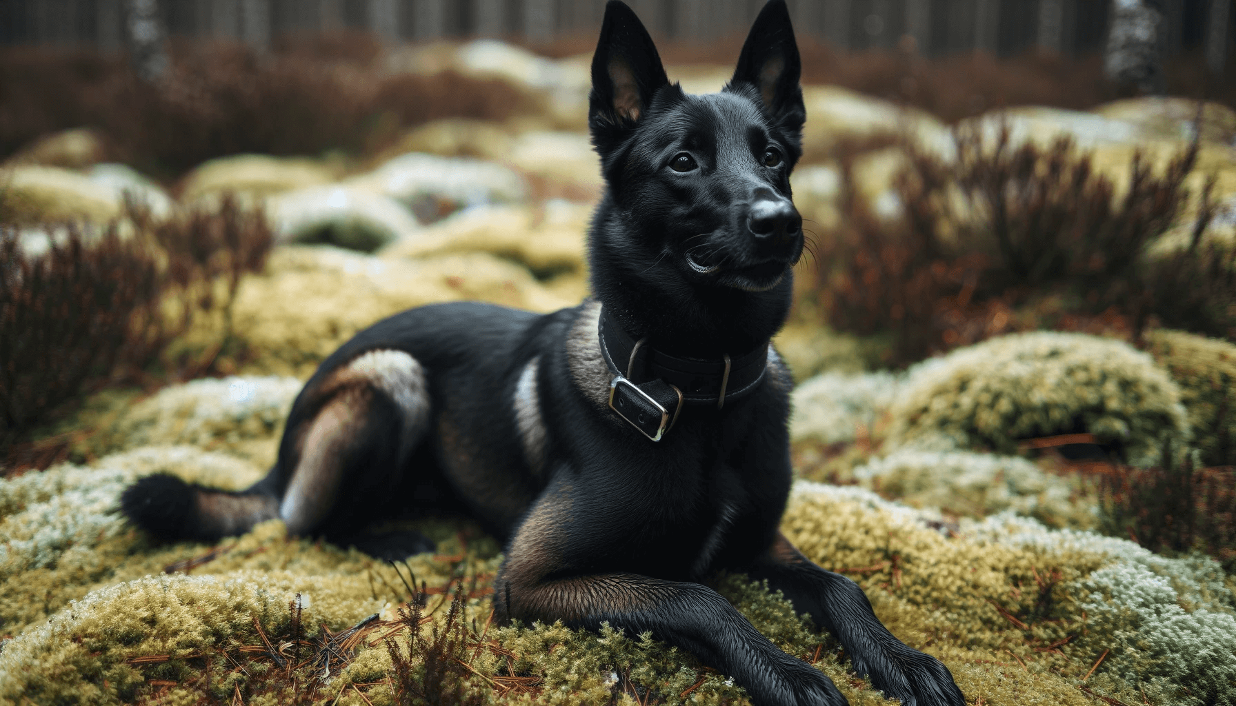 Rare Black Belgian Malinois seated on moss-covered ground looking forward with alertness. It has a black collar around its neck.