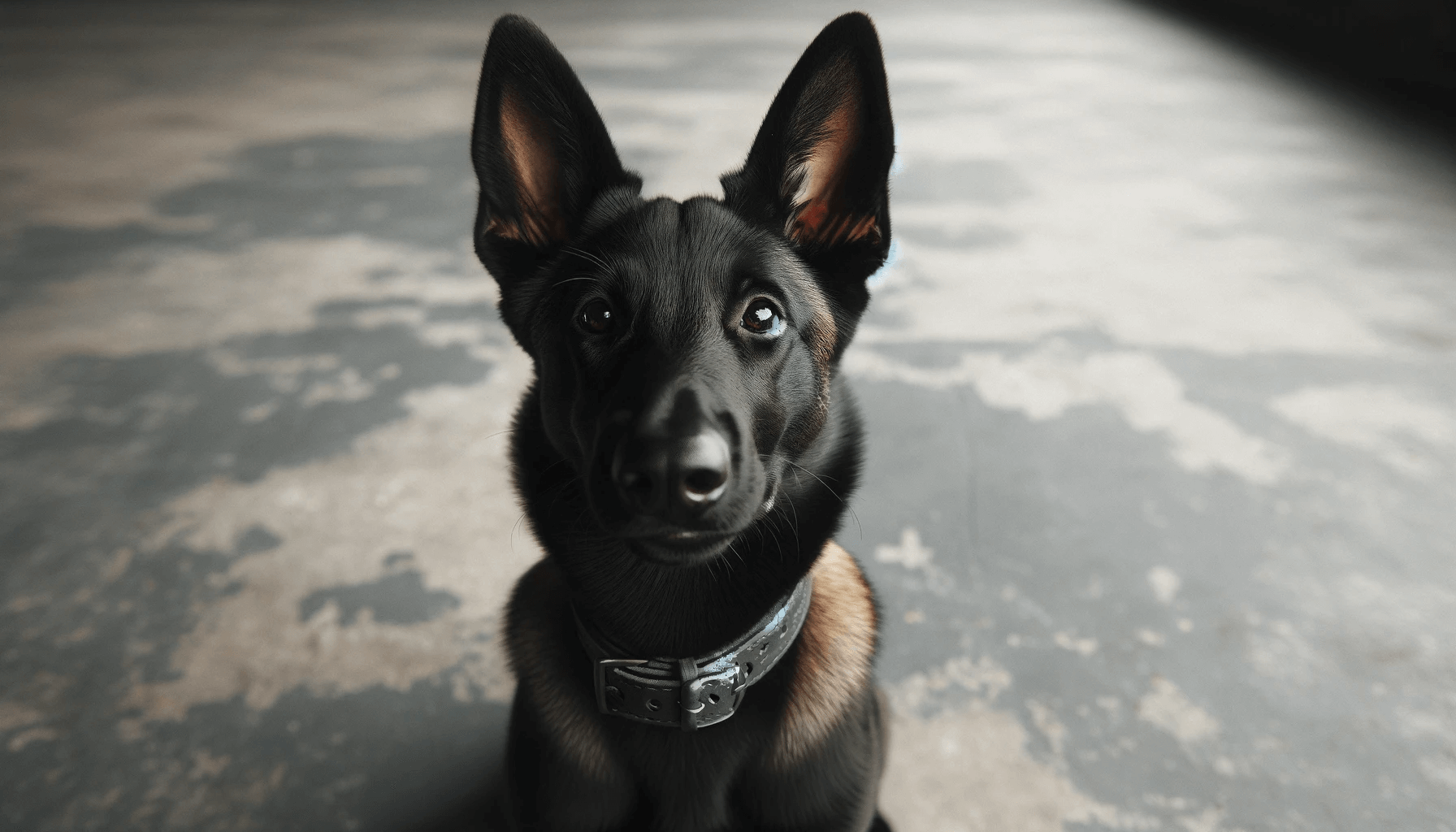 Rare Black Belgian Malinois sitting on a concrete floor, looking directly at the camera with its ears fully erect.