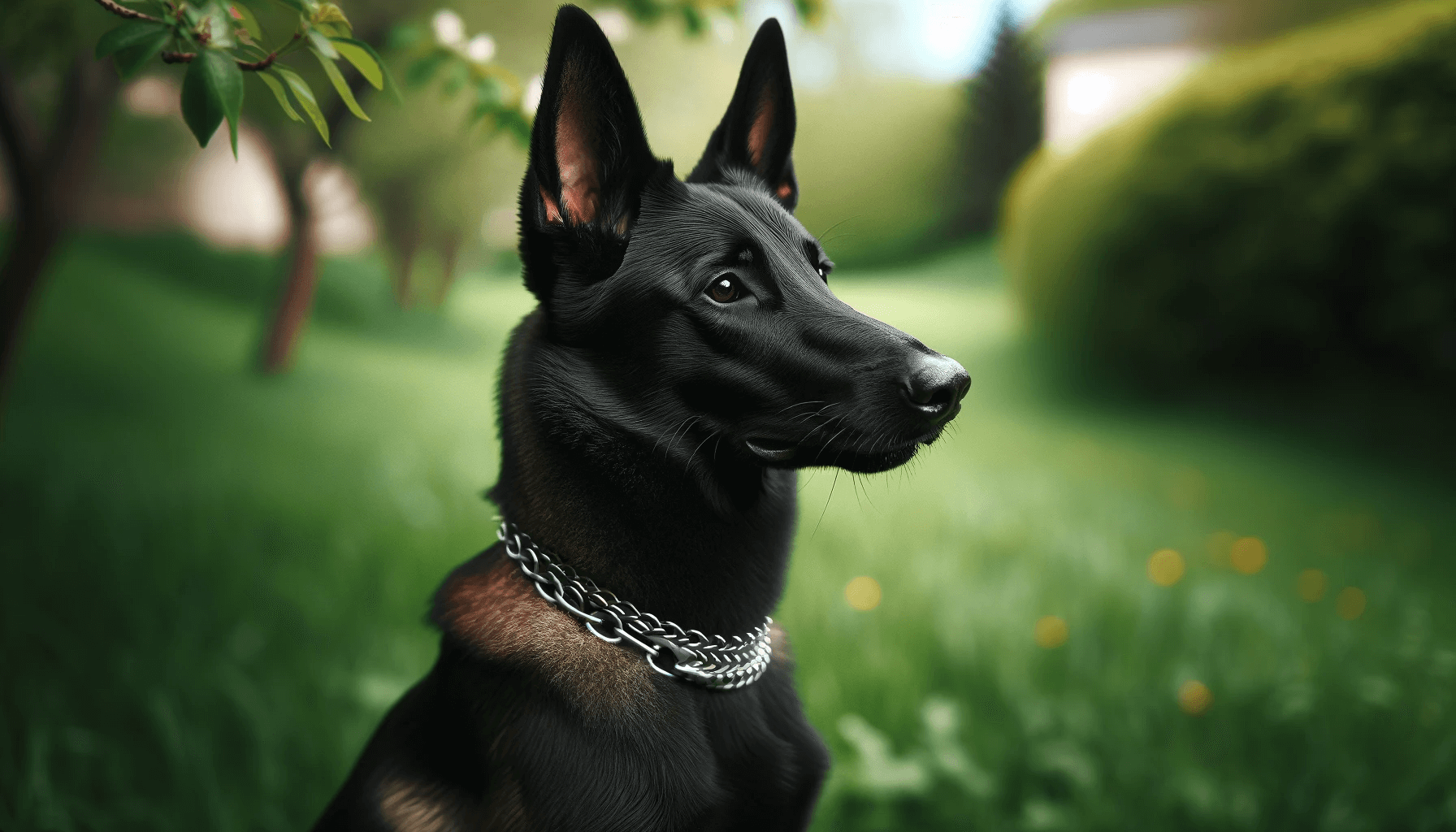 Rare Black Belgian Malinois sitting on grass attentively looking to its right with ears perked up.