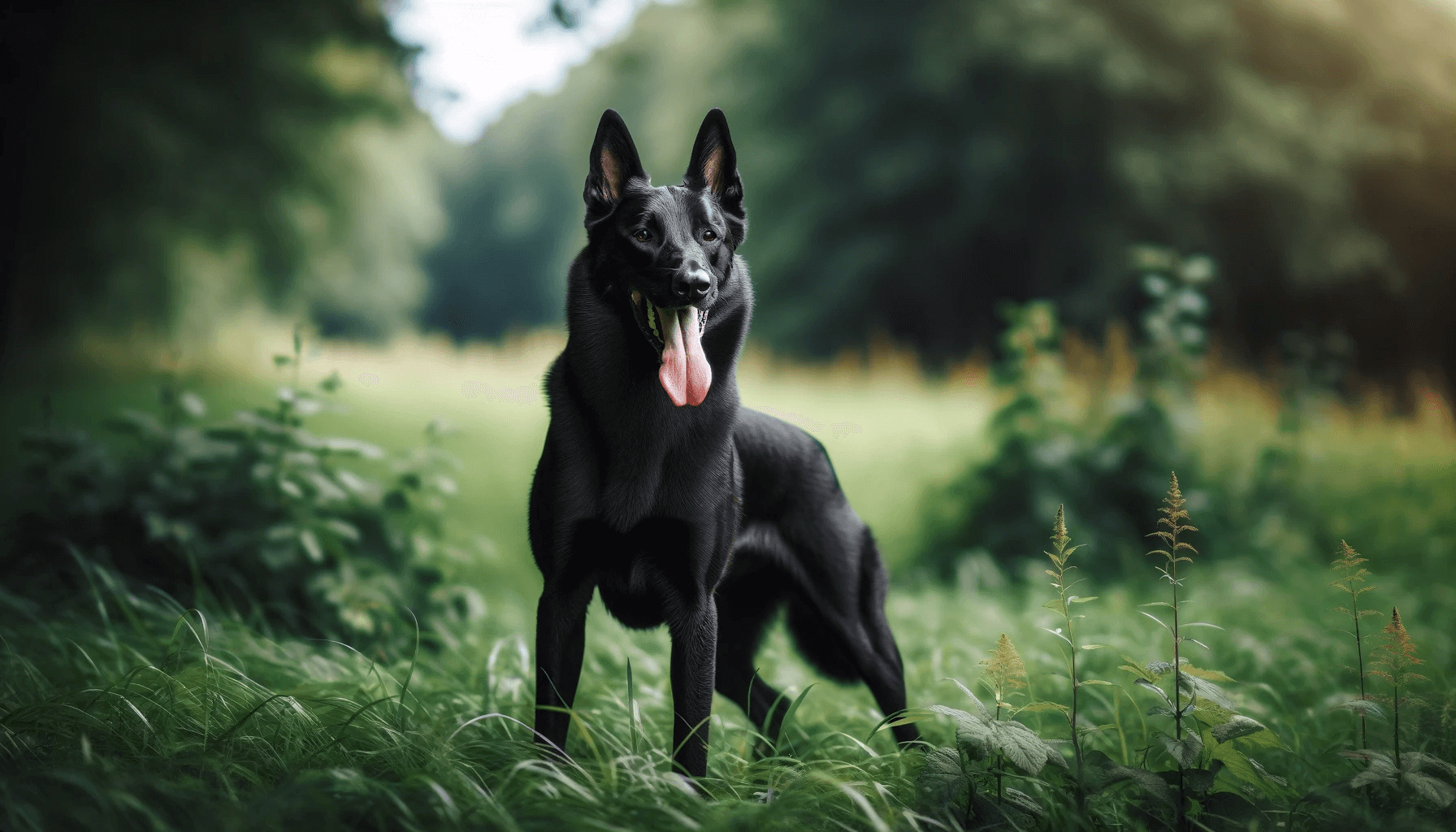 Rare Black Belgian Malinois standing in a natural grassy environment with its tongue out, suggesting it might be panting or has been active.