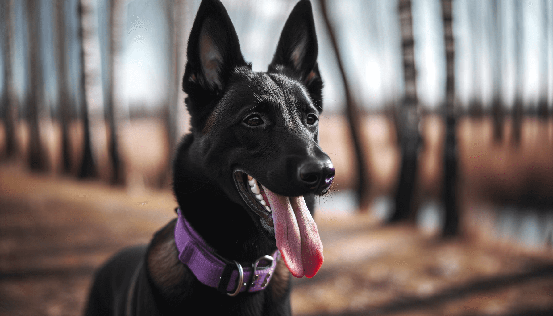 Rare Black Belgian Malinois with its tongue out, wearing a purple collar, standing and looking slightly to its left in an outdoor setting.