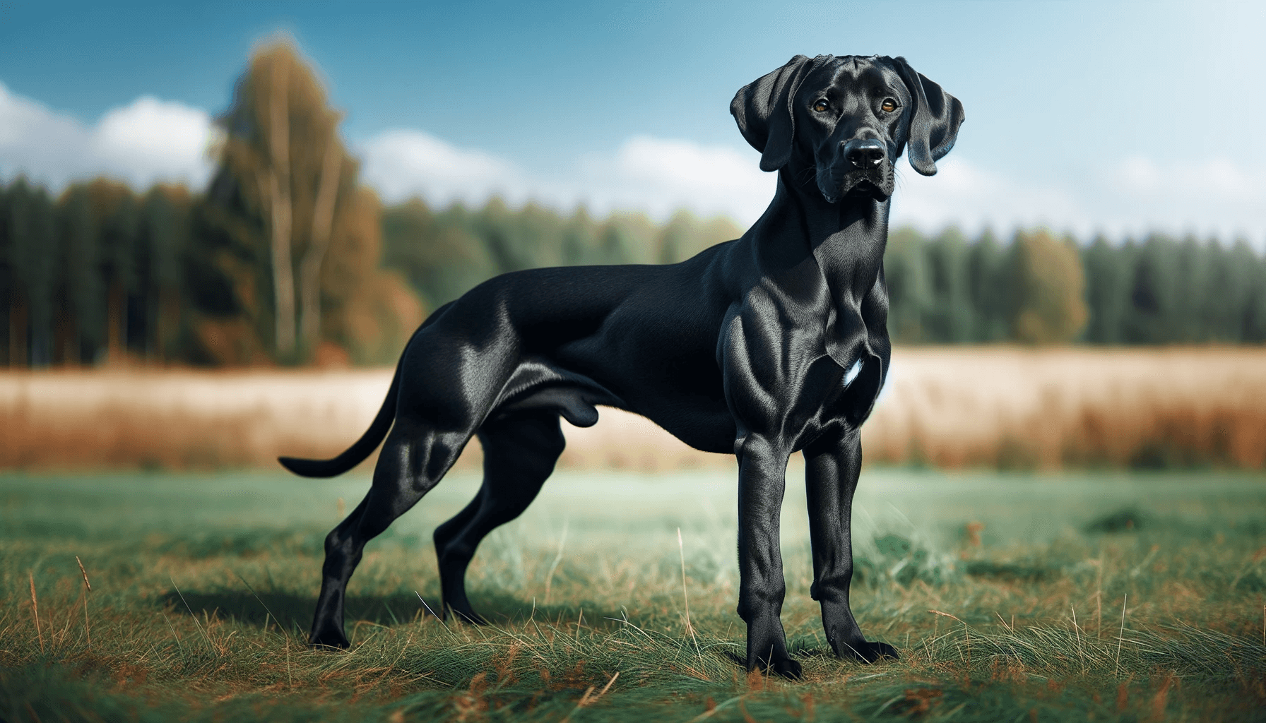 A black hound lab mix in a poised stance, showing off its athletic build