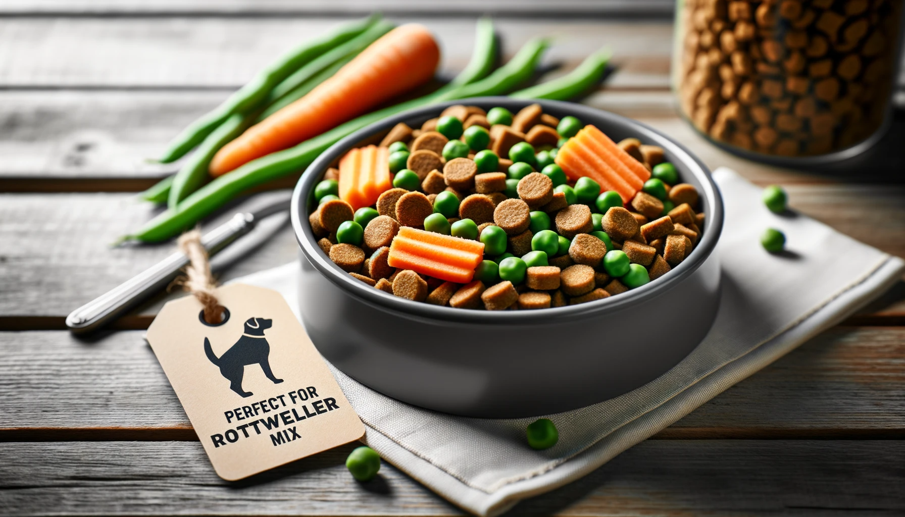 A bowl of high-quality kibble mixed with fresh veggies, perfect for a Labrador Rottweiler Mix, underscoring the importance of a balanced diet