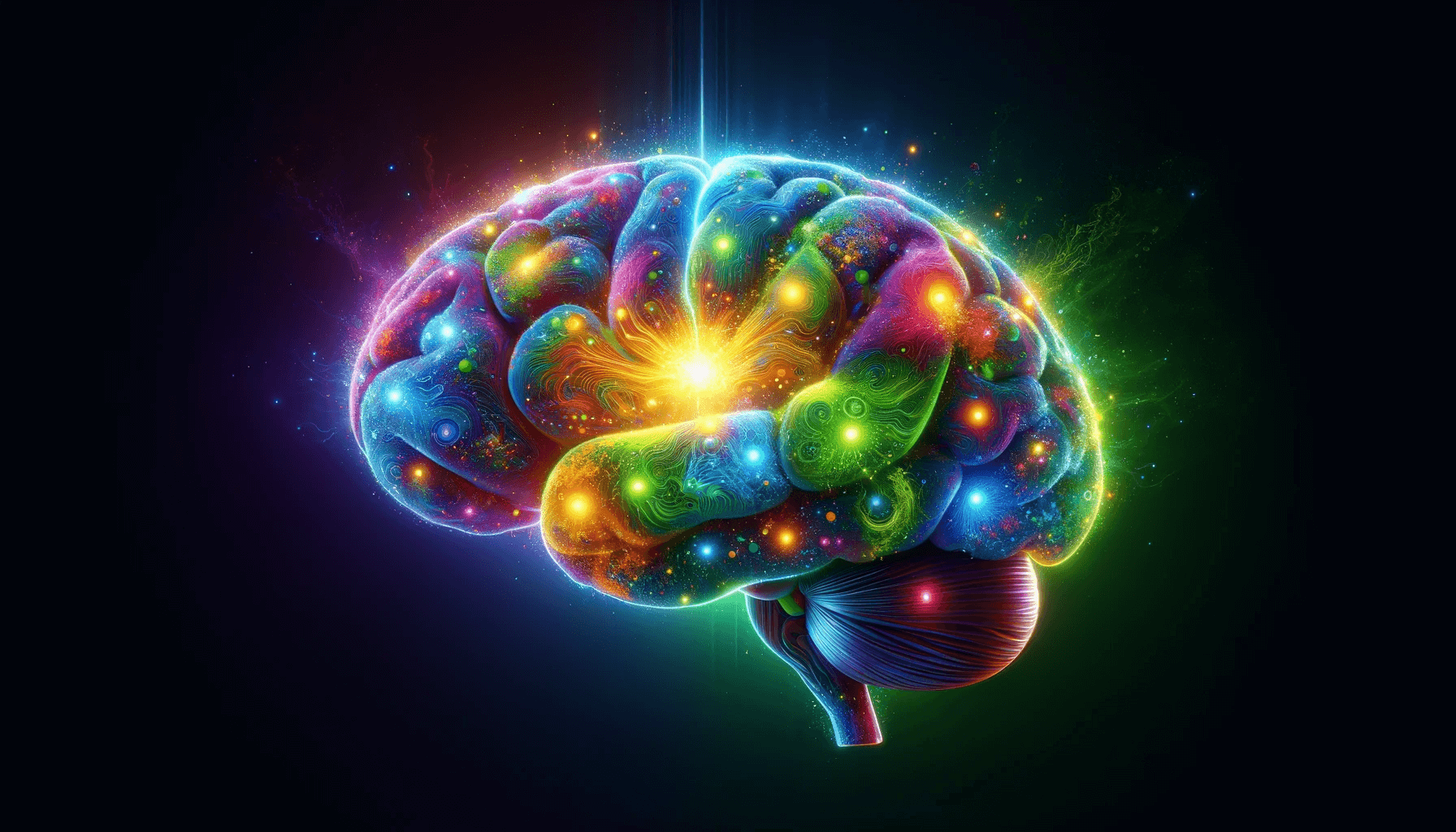 A brain lit up with different colors representing various cognitive functions being enhanced by Alpha GPC.