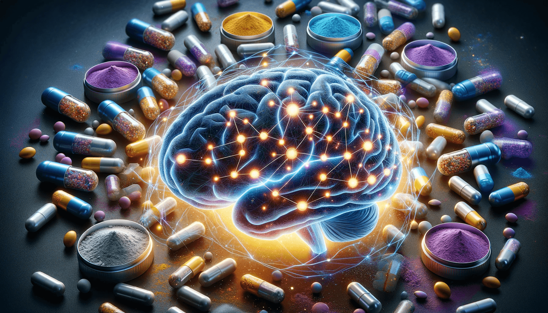 A brain with glowing connections symbolizing enhanced cognitive function surrounded by capsules and powders of Alpha GPC.