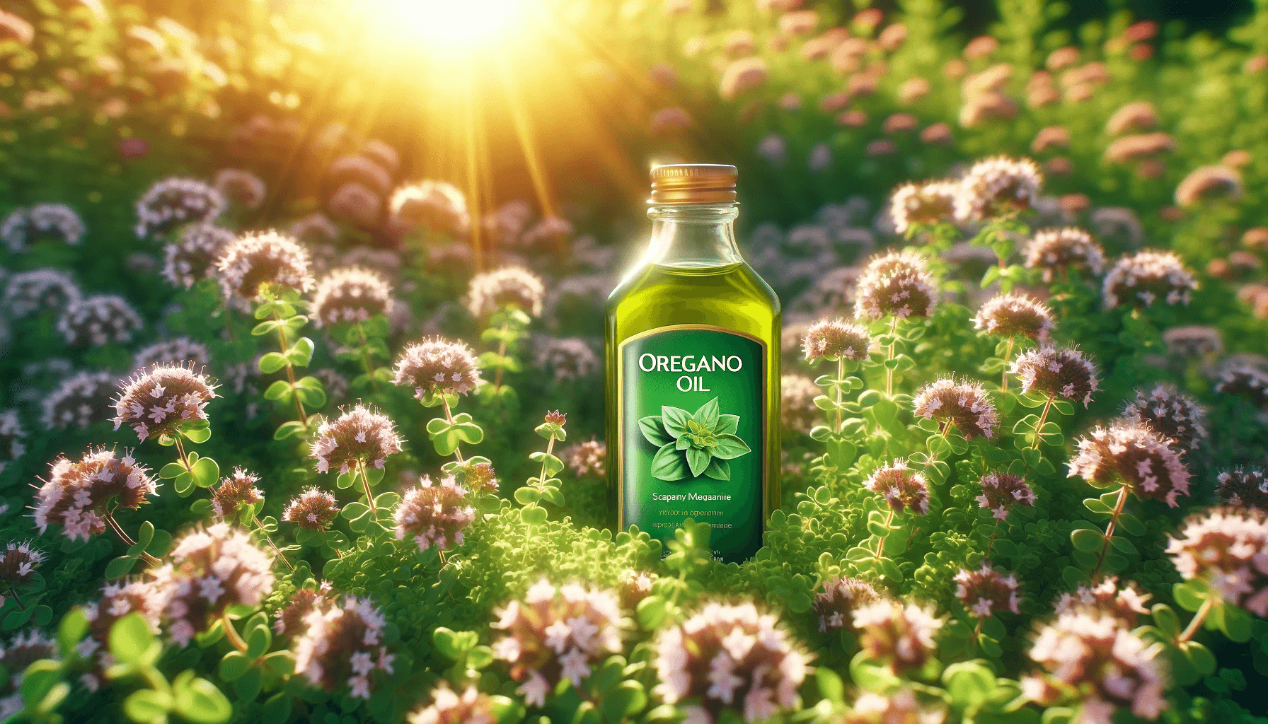 A bright sunny image of an oregano oil bottle with a vibrant green label placed in a field of flowering oregano plants, highlighting the natural source of the oil.