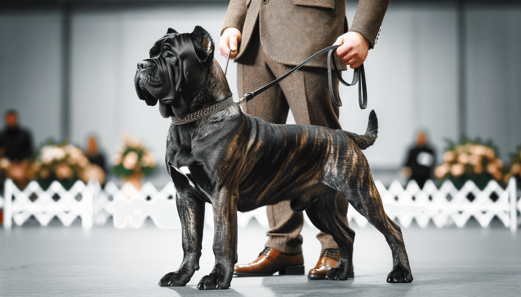 A brindle Cane Corso dog in a show ring stance, held on a leash by a handler, displaying the breed's conformation and elegance.
