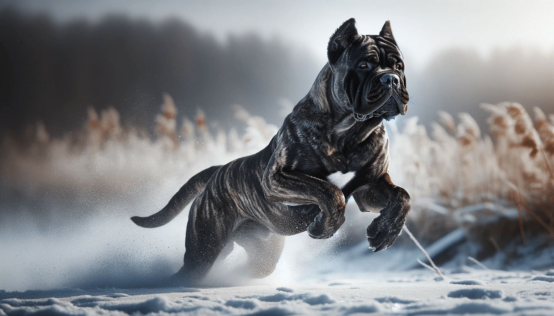 A brindle Cane Corso dog in motion, running across a snowy landscape, capturing the grace and strength of the breed.