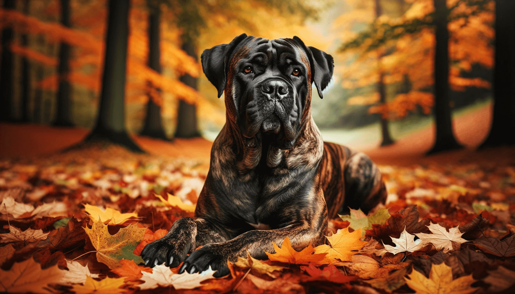 A brindle Cane Corso dog peacefully lying down on a carpet of fallen leaves, embodying the relaxation and beauty of autumn.