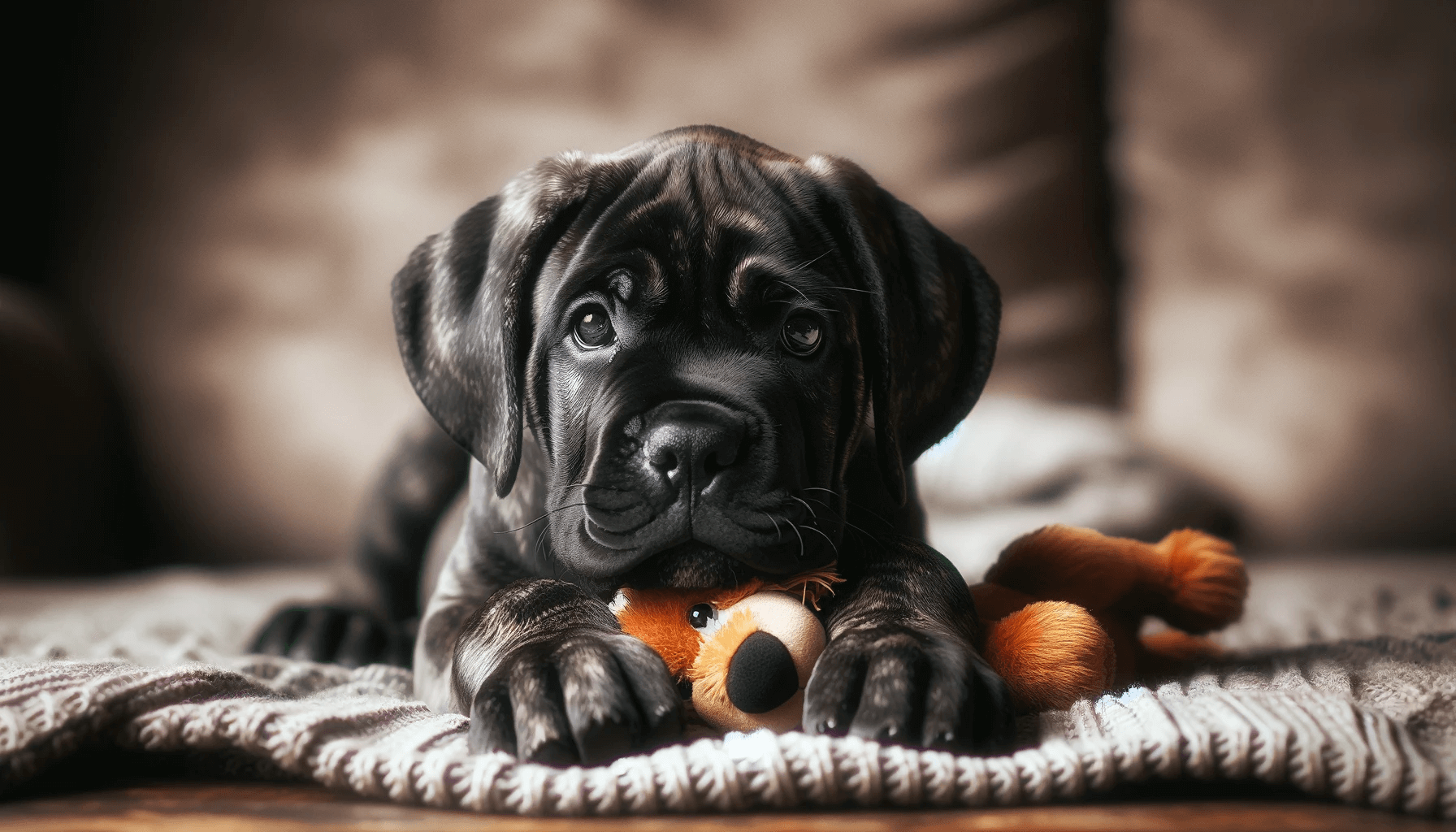 A brindle Cane Corso puppy lying down with a toy, predominantly black with faint brindle striping, showcasing its adorable playfulness.