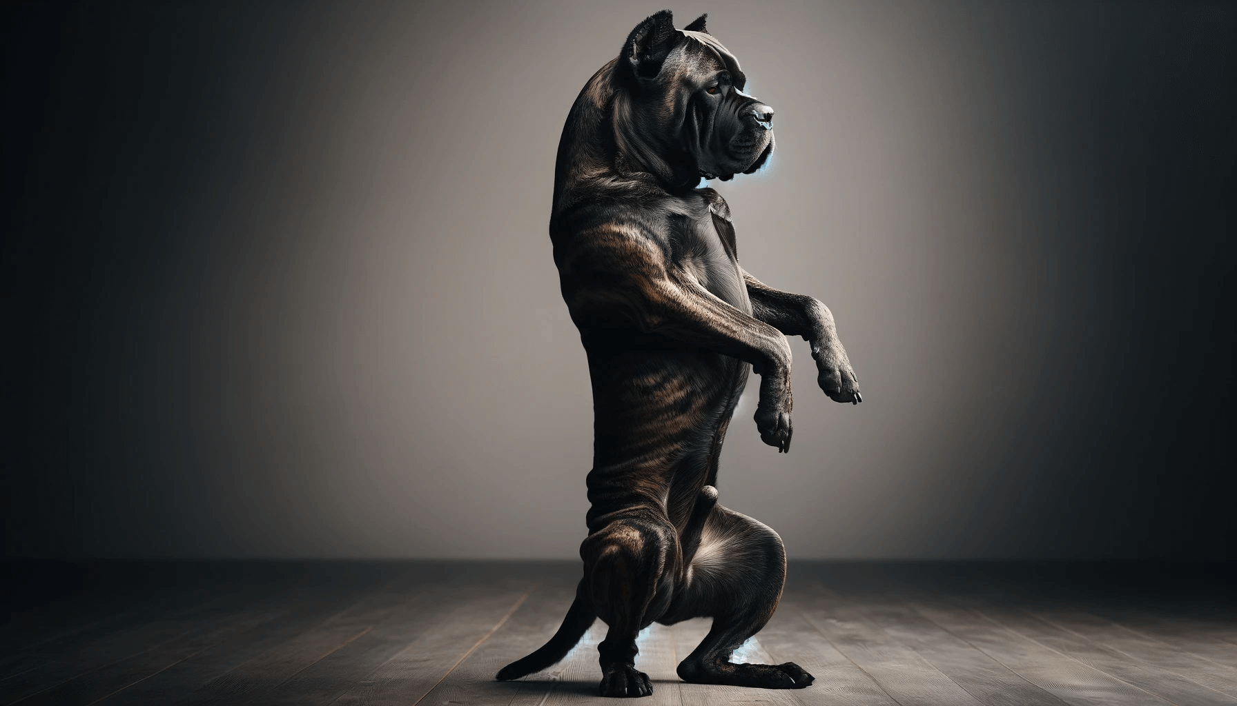 A brindle Cane Corso dog standing upright on its hind legs, showcasing its training and balance, highlighting its impressive abilities.