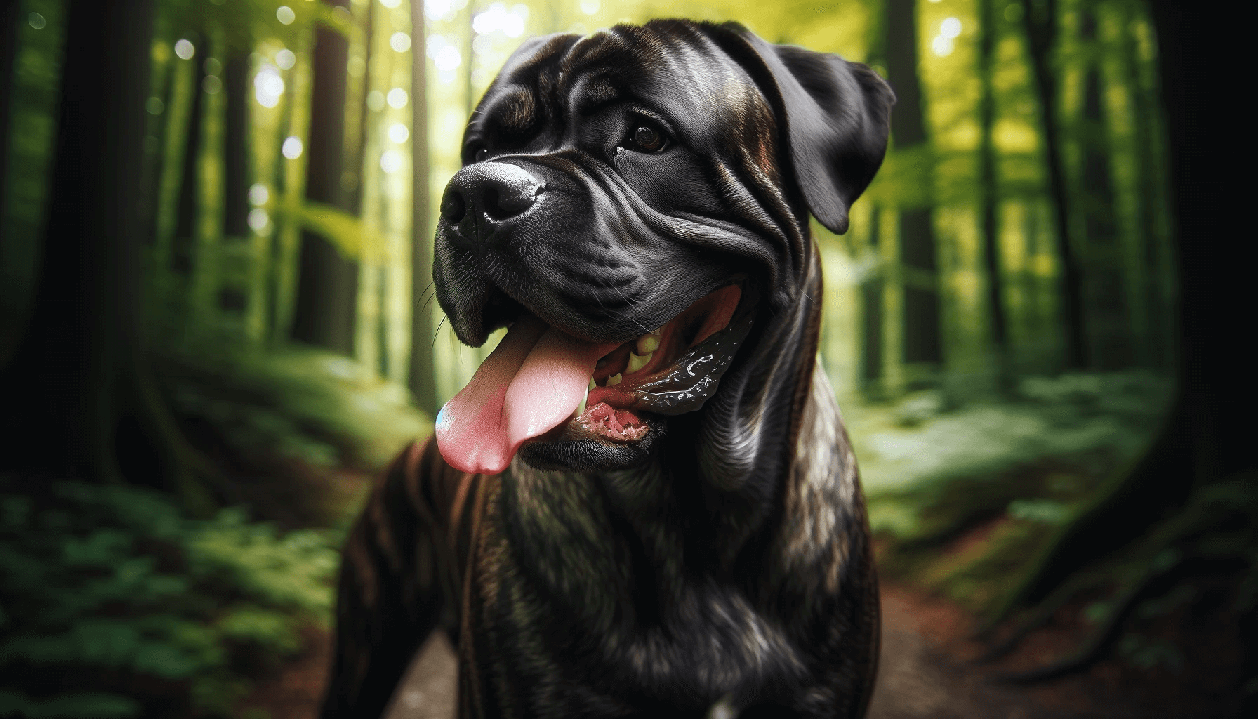 A brindle Cane Corso dog standing in a forested area with its tongue lolling out in a happy pant, enjoying the natural surroundings.