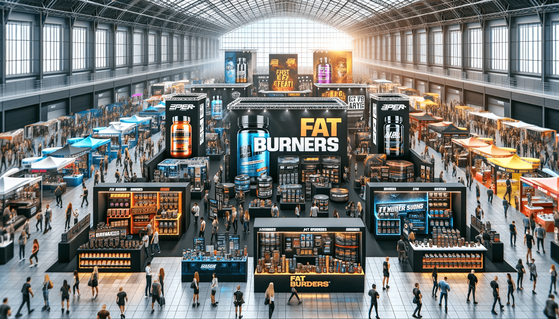 A bustling fitness expo with various booths promoting different types of fat burners, capturing the industry's diversity