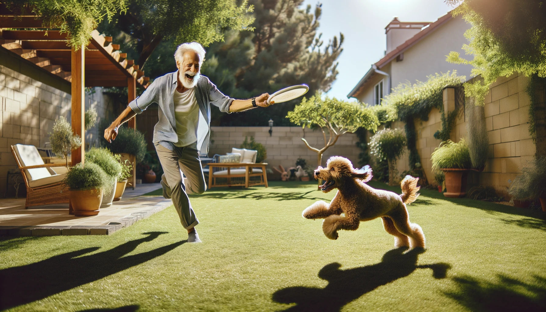 Candid moment of laughter between a Baby Boomer and their Mini Goldendoodle during a playful backyard game, capturing the pure joy of pet ownership.