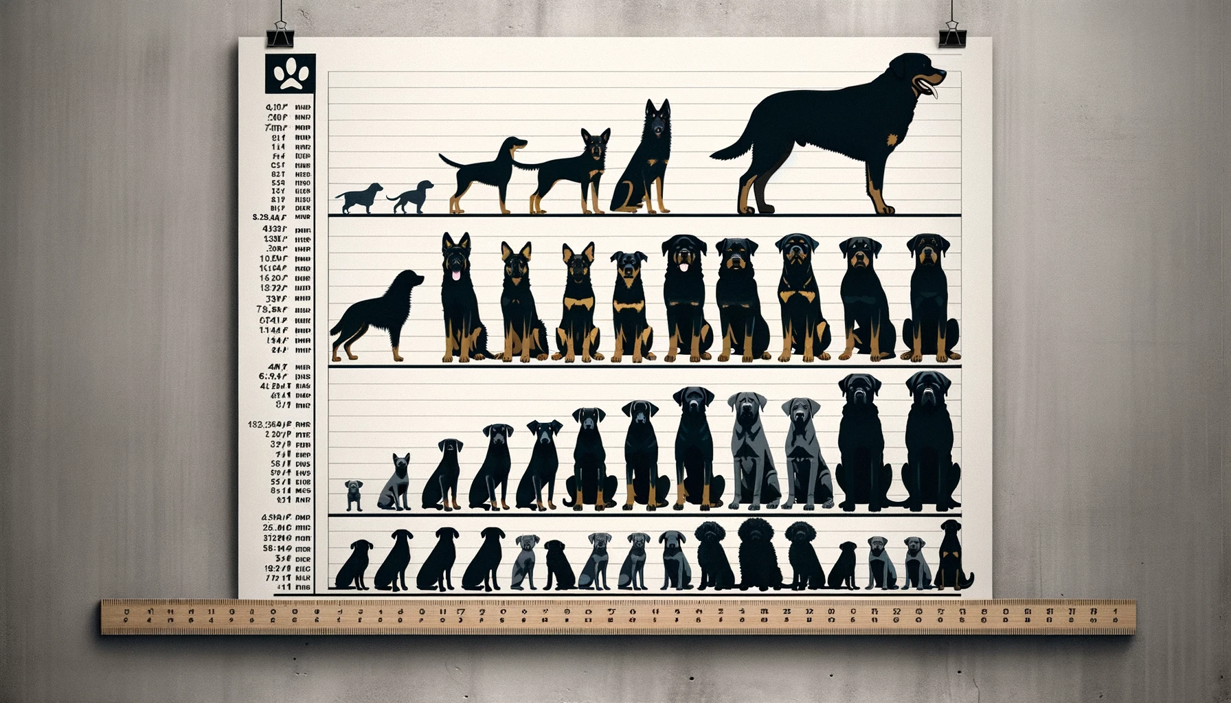 A chart comparing the Rottweiler Mix with Black Lab to other medium and large dog breeds in terms of size