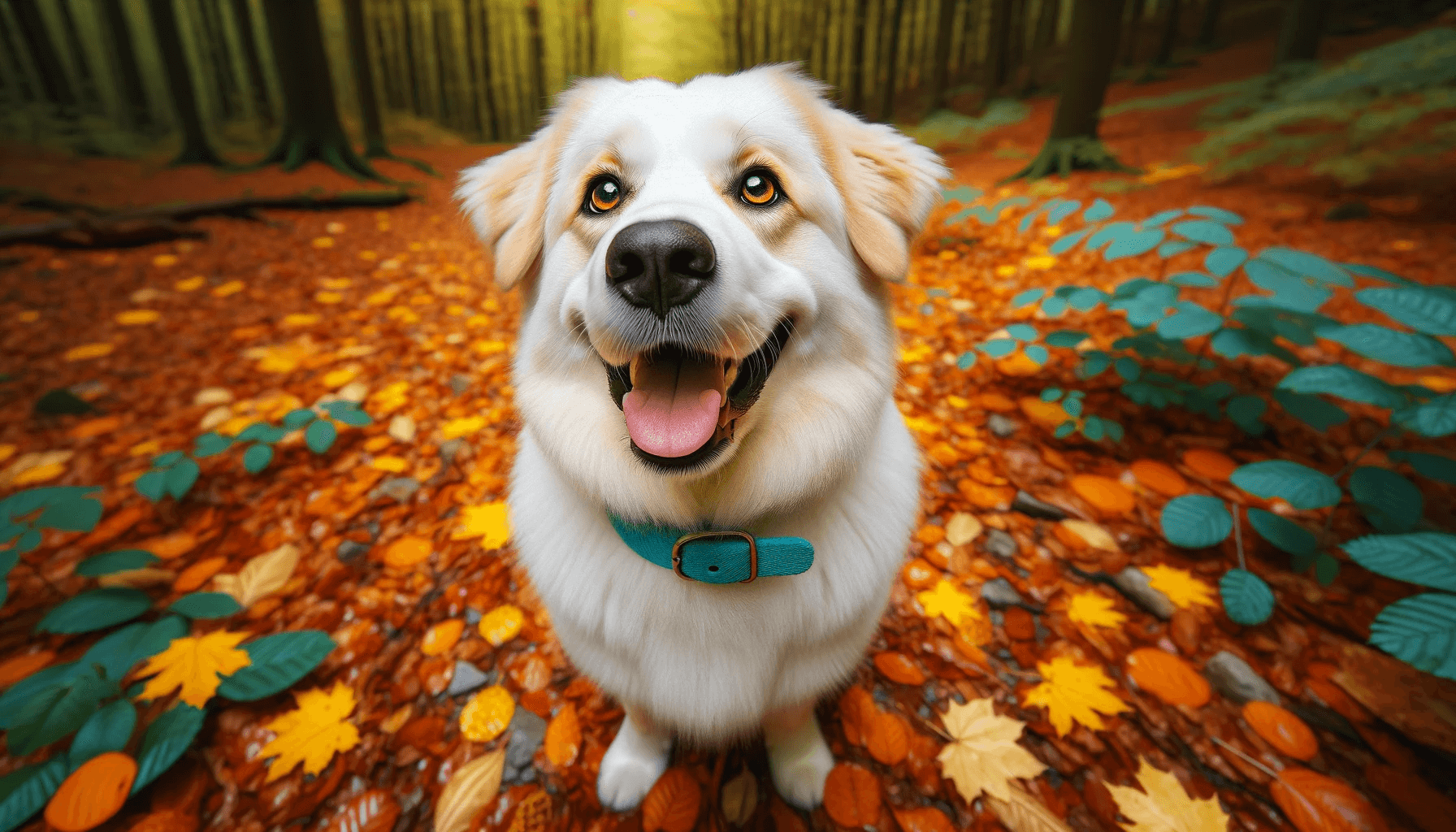 A cheerful Pyrenees Lab Mix dog with a bright white coat sitting on a carpet of autumn leaves. The dog is looking up with a joyful expression, tongue