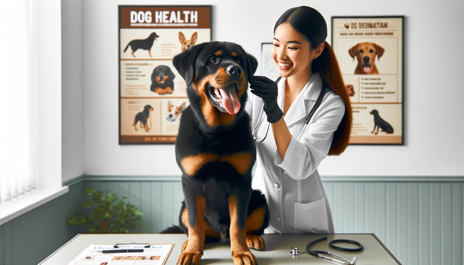 A cheerful Rottweiler mixed with Lab getting its yearly check-up, emphasizing the importance of regular veterinary visits