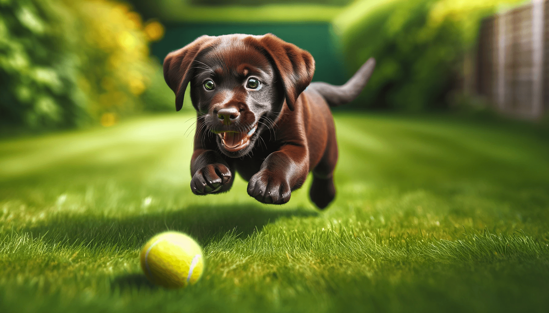 Playful Chocolate Labrador Puppy mid-leap, eyes sparkling with excitement, playfully pouncing towards a yellow tennis ball on a grassy lawn.