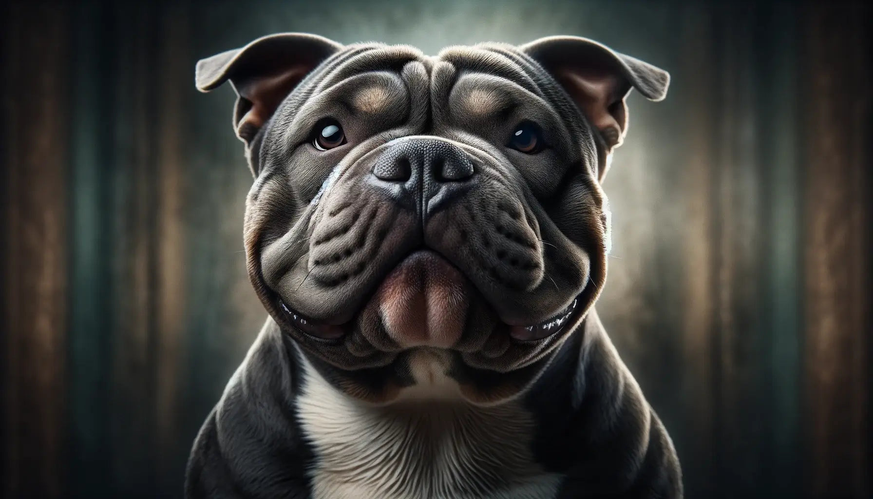 A close-up of a Pocket Bully's face, focusing on its broad chest and blocky head, showcasing breed-specific physical traits