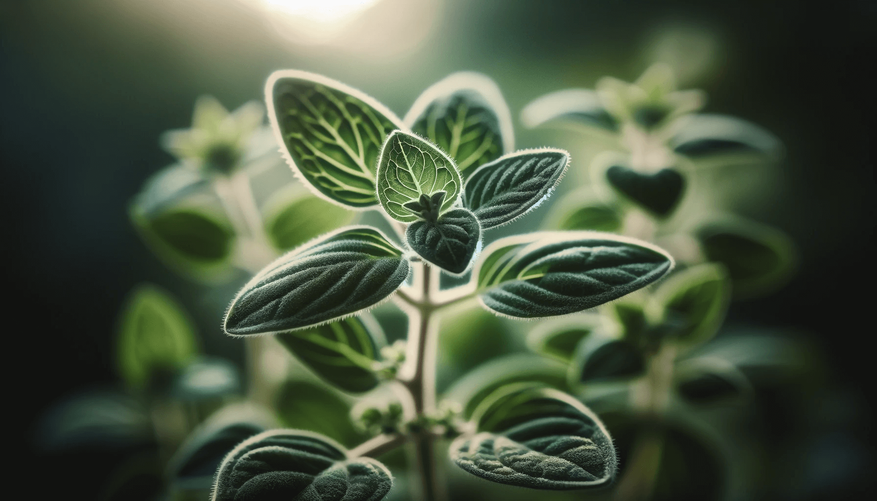 A close-up view of oregano leaves and stems with a sharp focus on the intricate details of the plant, such as the veins and edges of the leaves.