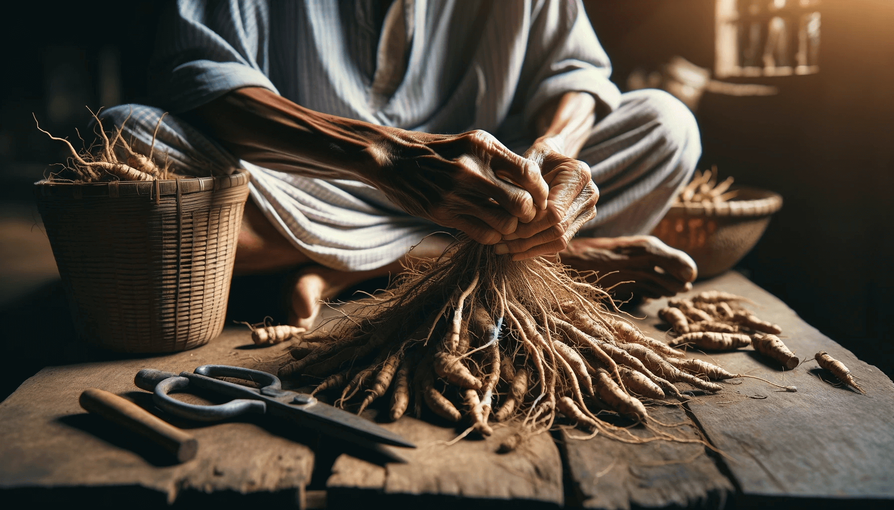 Close-up view of post-harvest processing of Ashwagandha