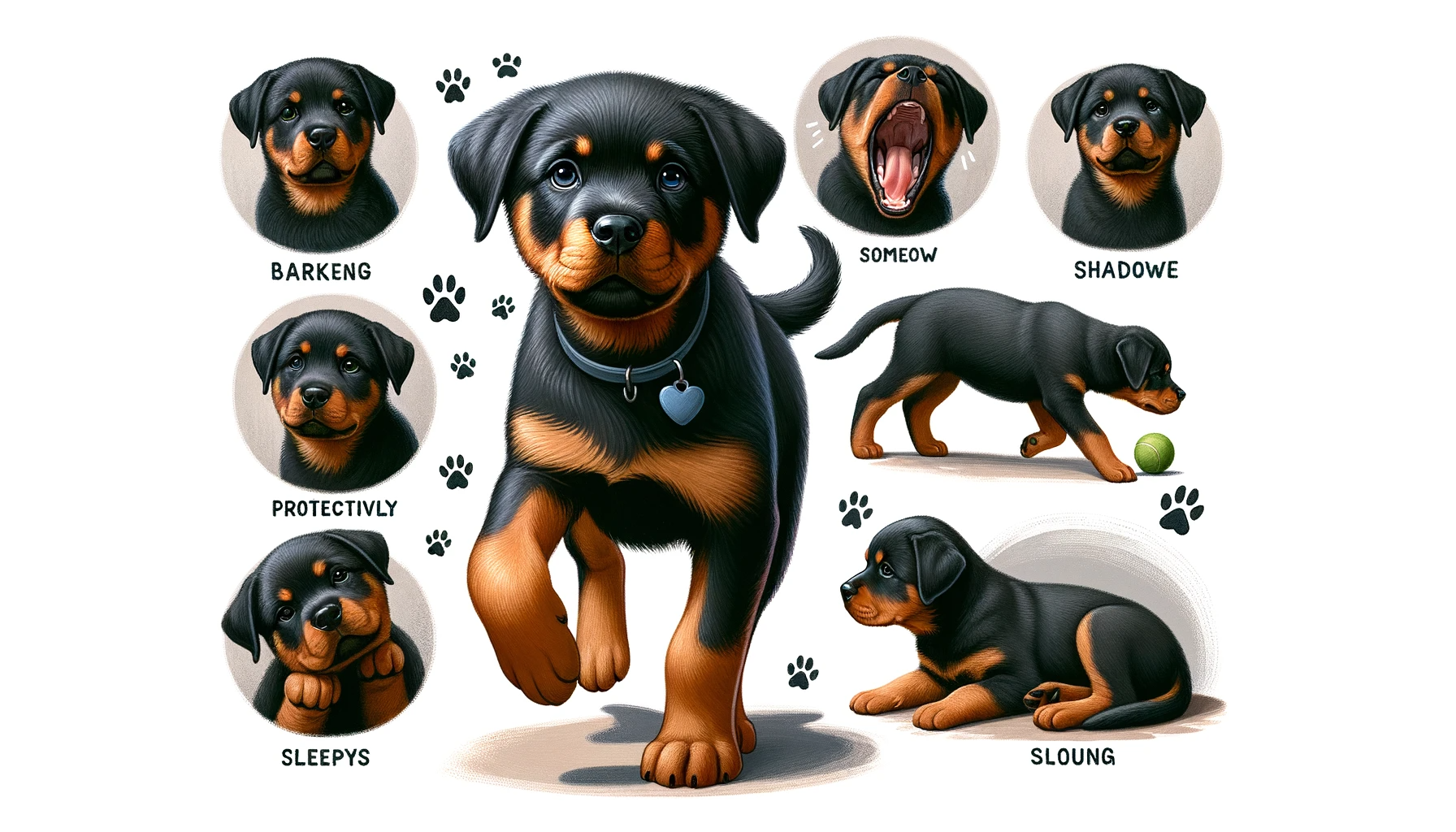 A collage featuring a Rottweiler Lab Mix Puppy in various states—from playful to protective