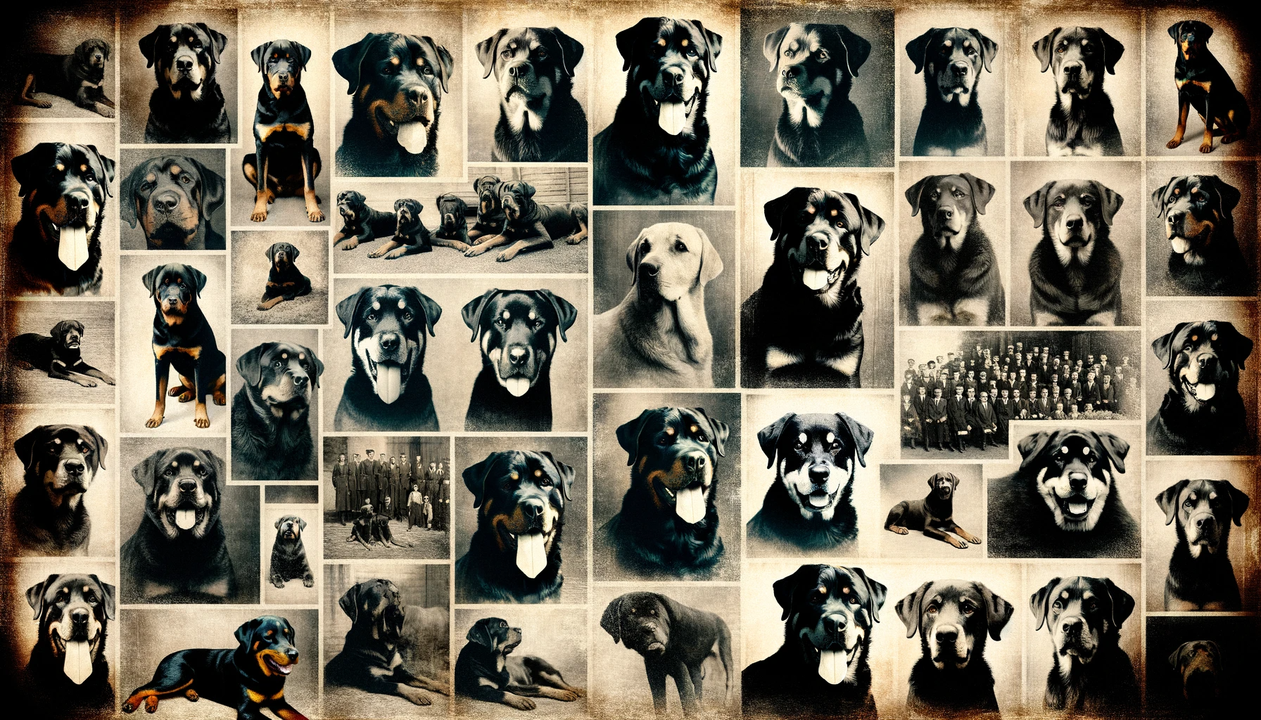 A collage of black and white photos showing Rottweilers and Labradors from yesteryears, signifying the deep-rooted history of the Lab and Rott Mix.