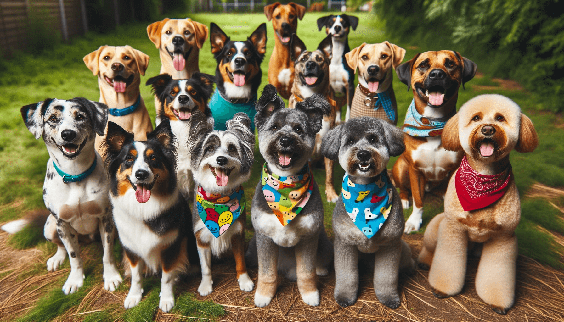 A group of adorable mixed breed dogs hanging out together, showcasing their unique styles