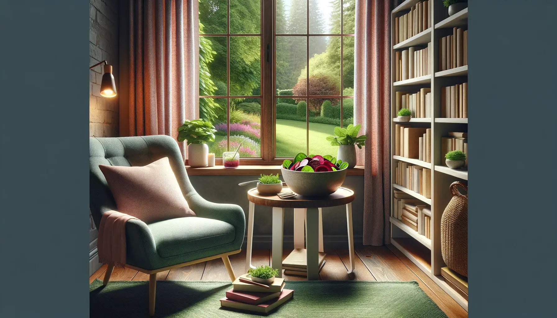 A cozy reading nook next to a large window offering a view of a lush garden