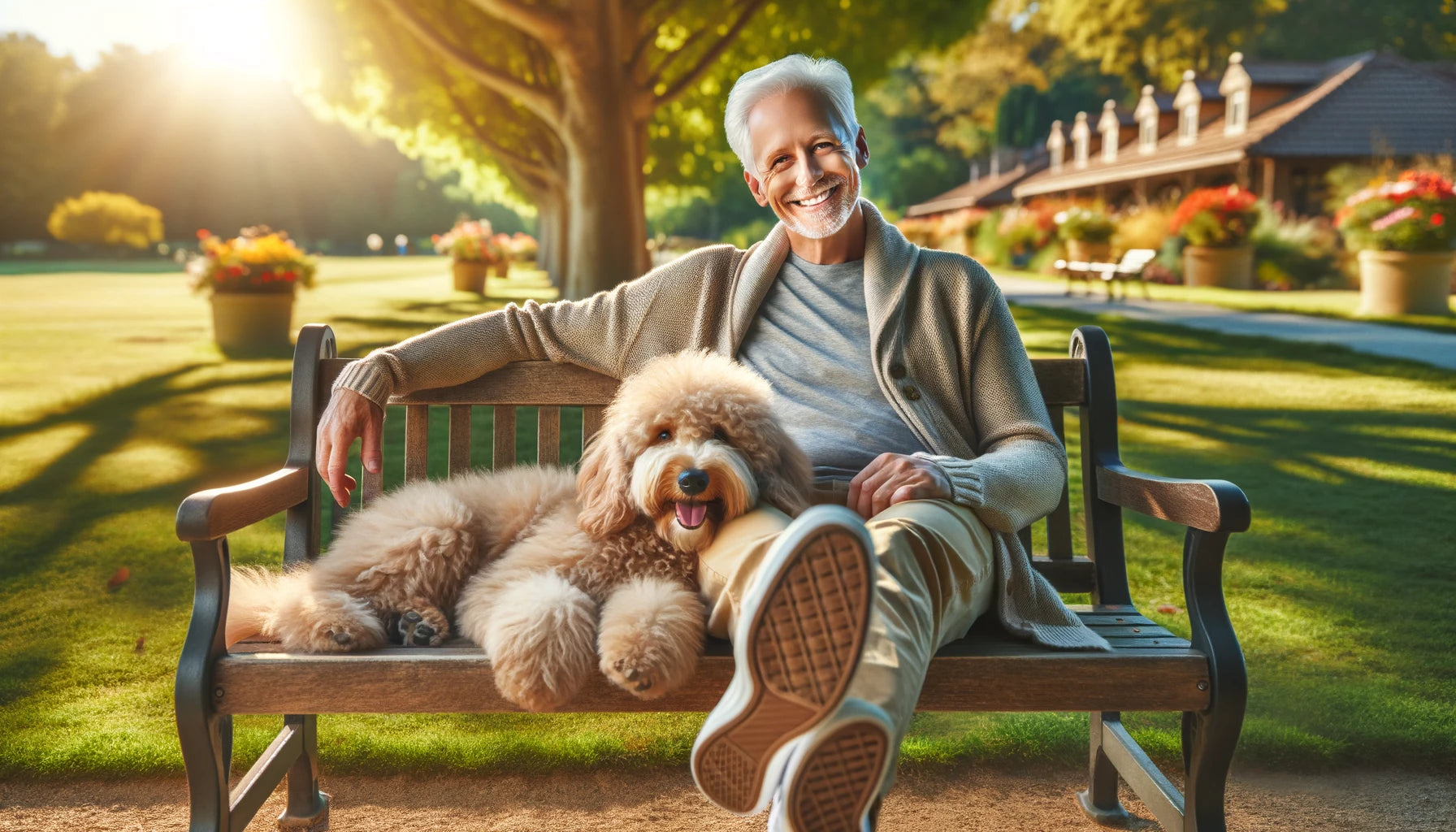 Cozy scene with a smiling Baby Boomer relaxing on a park bench on a sunny day with a fluffy Mini Goldendoodle curled up beside them.