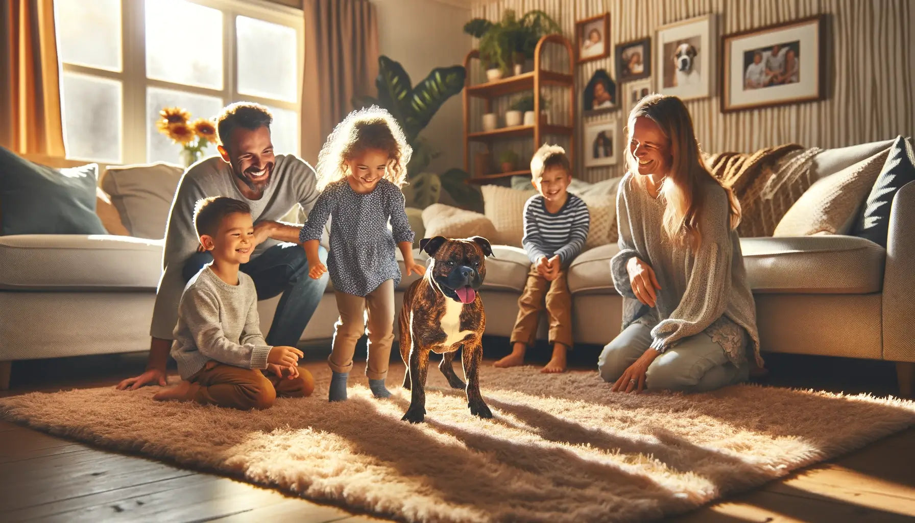 A cozy sunlit living room scene where a family of four (two adults and two children) are spending quality time with their Pocket Bully dog.
