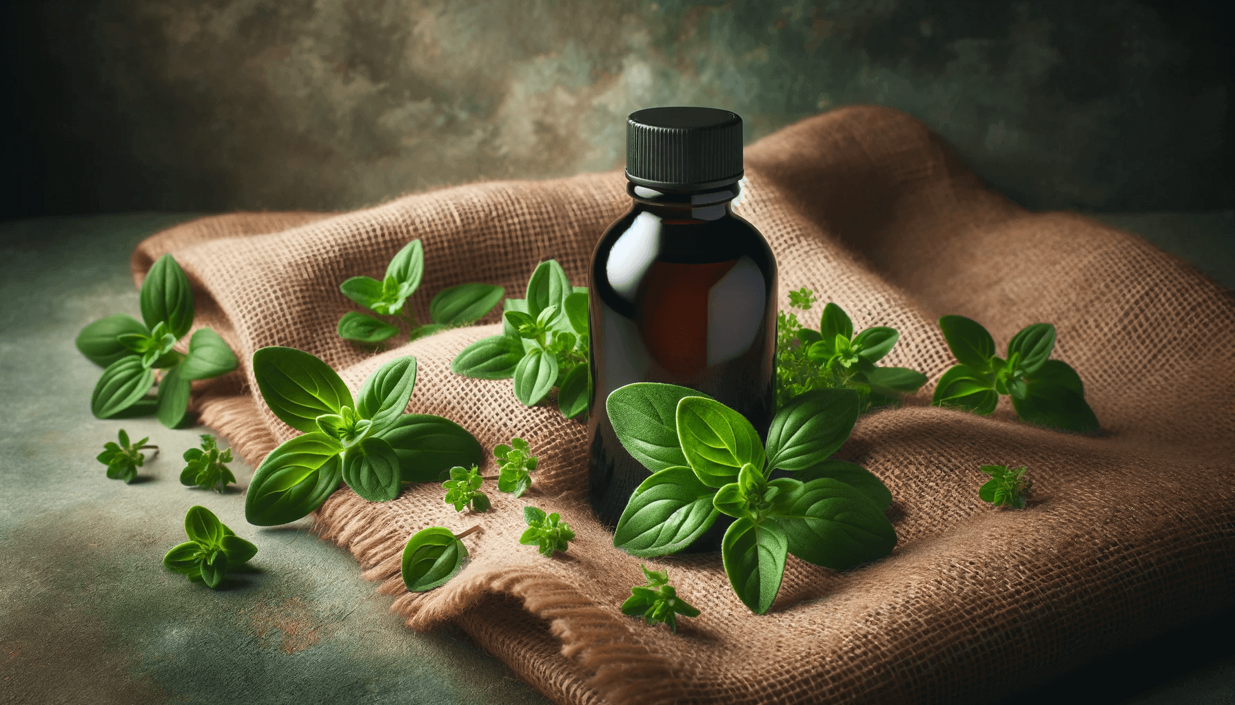 A dark brown bottle with a black cap positioned amongst vibrant green oregano leaves
