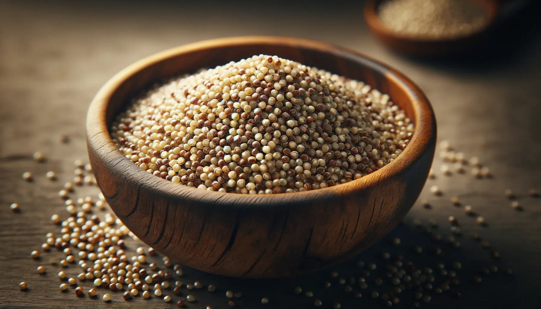 A detailed close-up view of quinoa grains in a rustic wooden bowl, focusing on another natural source of Betaine