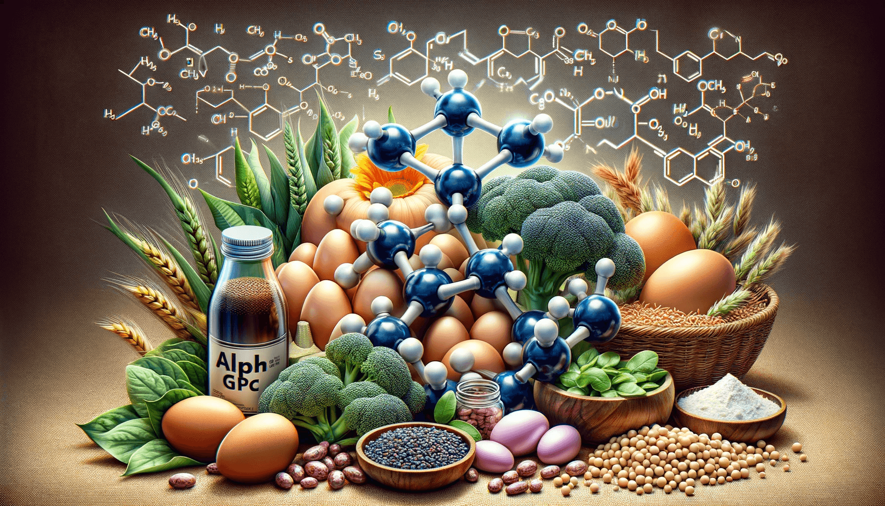 A detailed image showing the molecular structure of Alpha GPC alongside natural food sources and synthetic supplements.