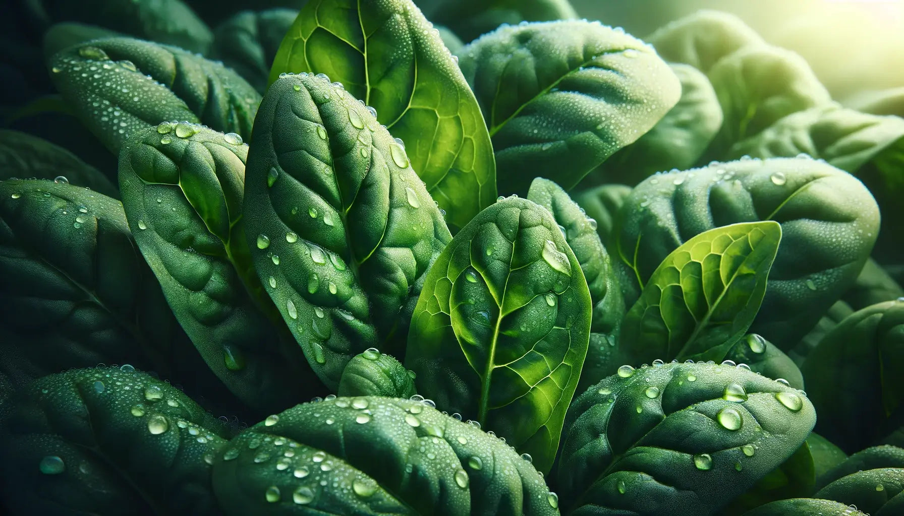 A detailed macro shot focusing on fresh spinach leaves at dawn covered with dew drops.