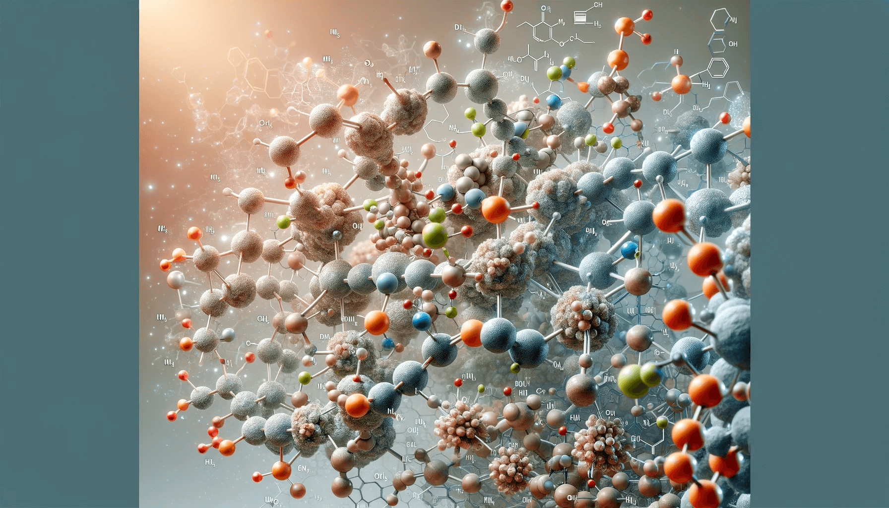 A detailed realistic depiction of fulvic acid molecules interacting with minerals and nutrients