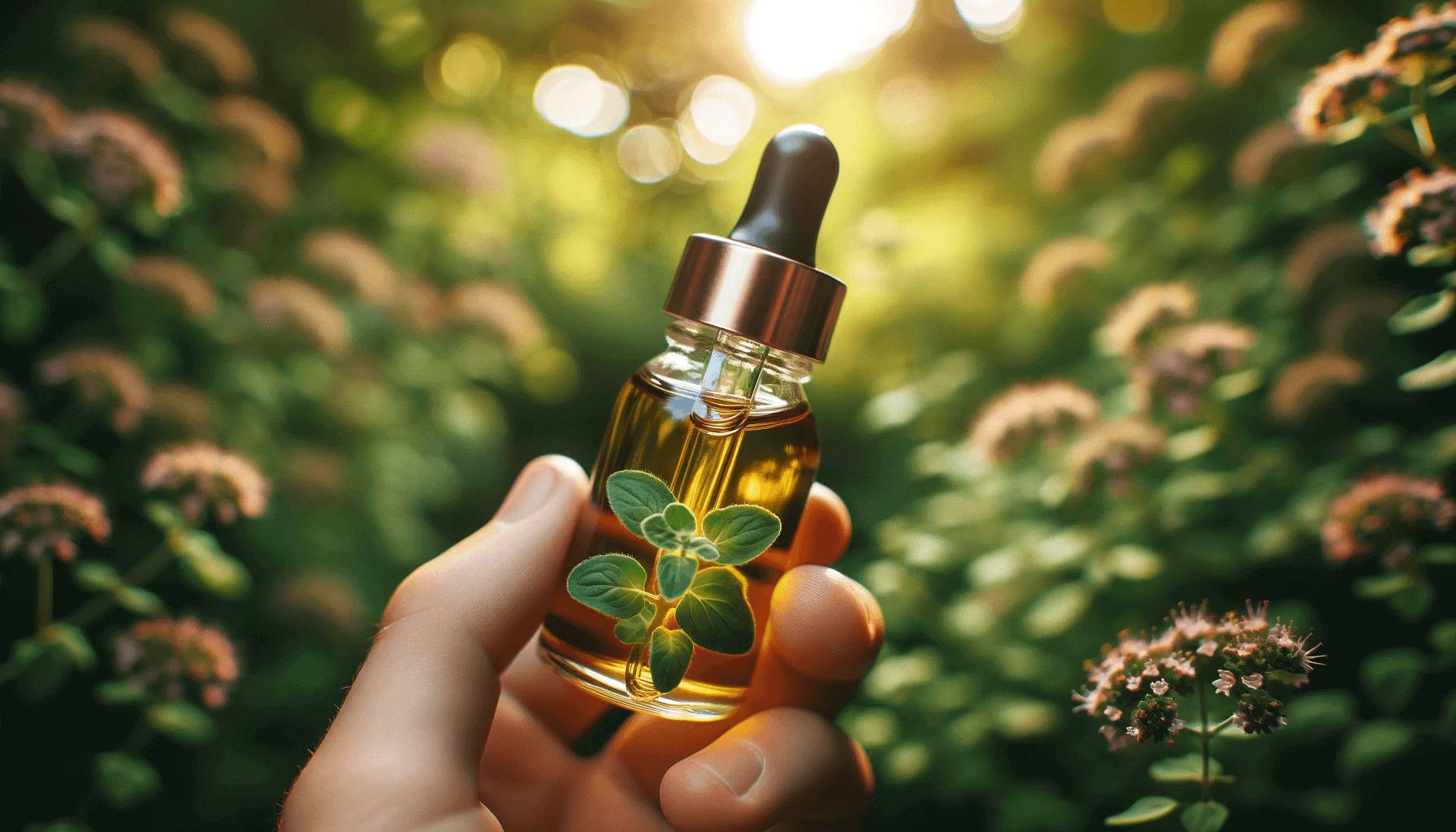 A dropper full of oregano oil with a blurred background of a green garden