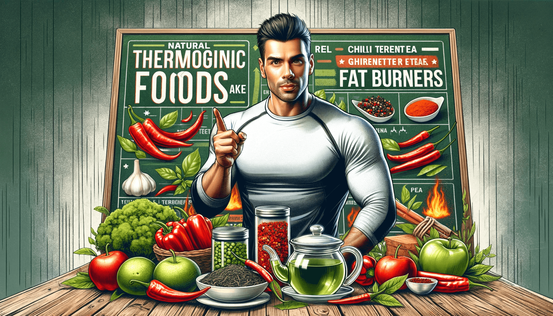 A fitness coach recommending natural thermogenic foods like chili peppers and green tea as fat burners