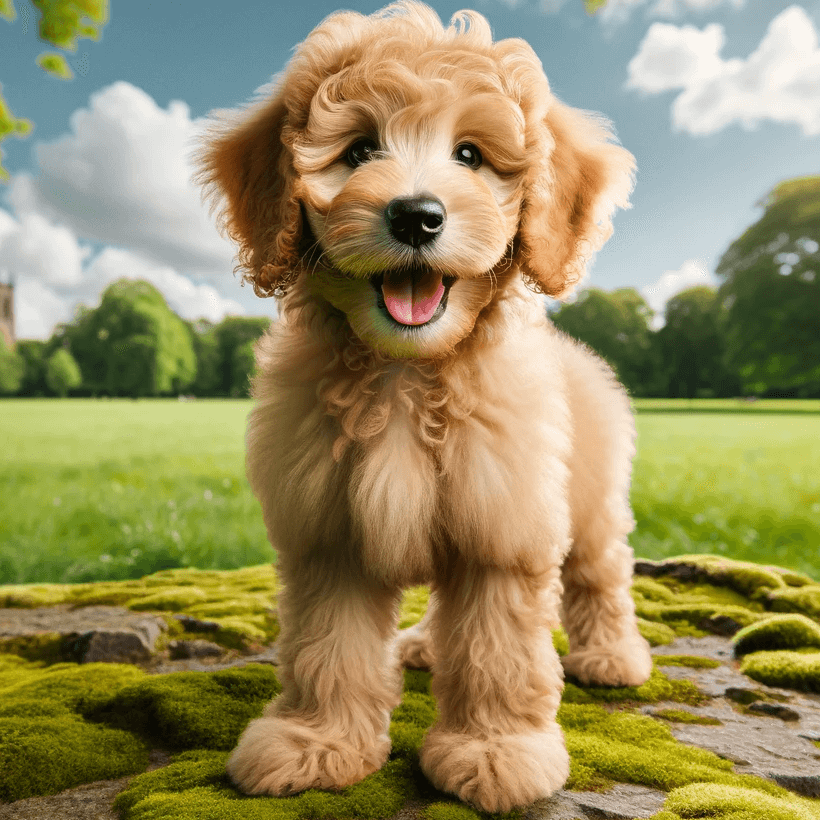 Fluffy Apricot-Colored Labradoodle Puppy Standing on a Moss-Covered Rock