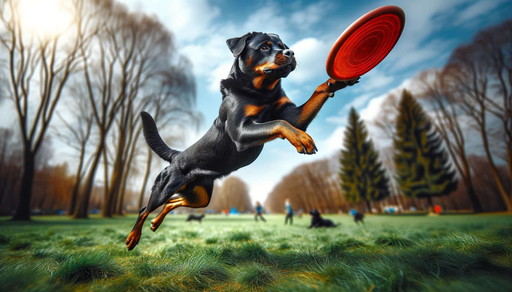 A focused Rottweiler mixed with Lab leaping after a Frisbee, highlighting their intense prey drive.