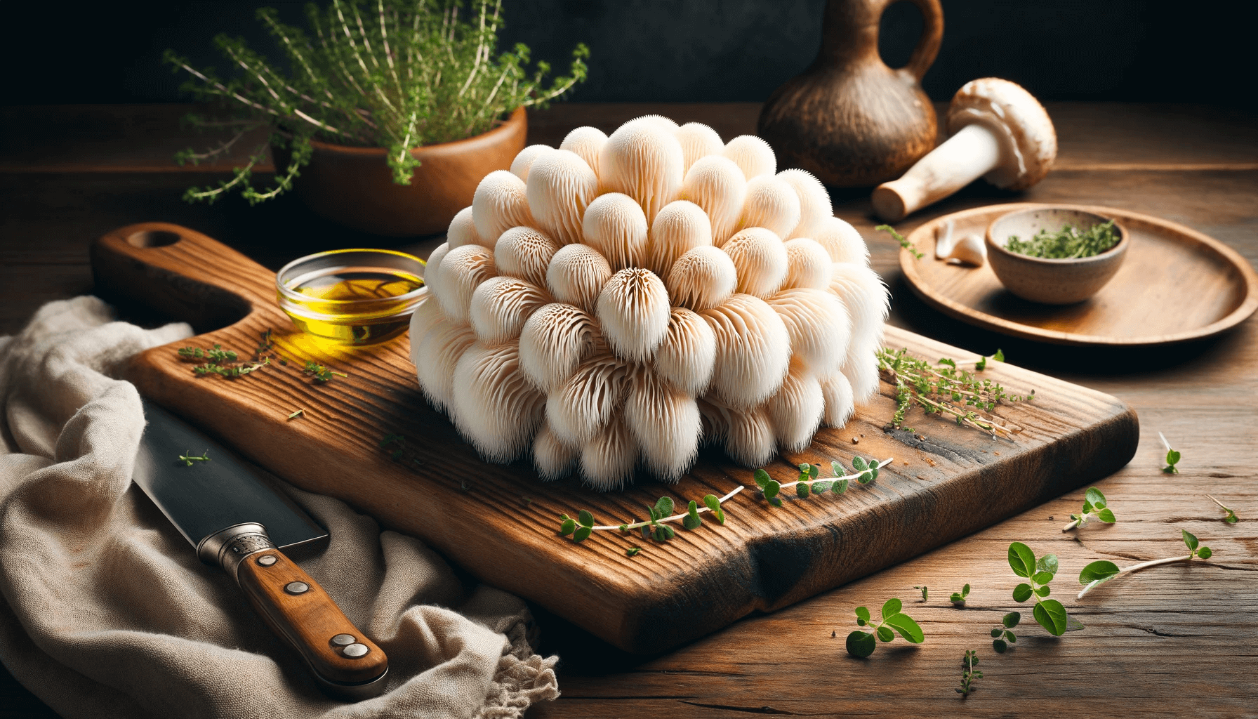 A freshly harvested Lion's Mane mushroom with a highly realistic texture, similar to the provided image, placed on a wooden cutting board in a kitchen.