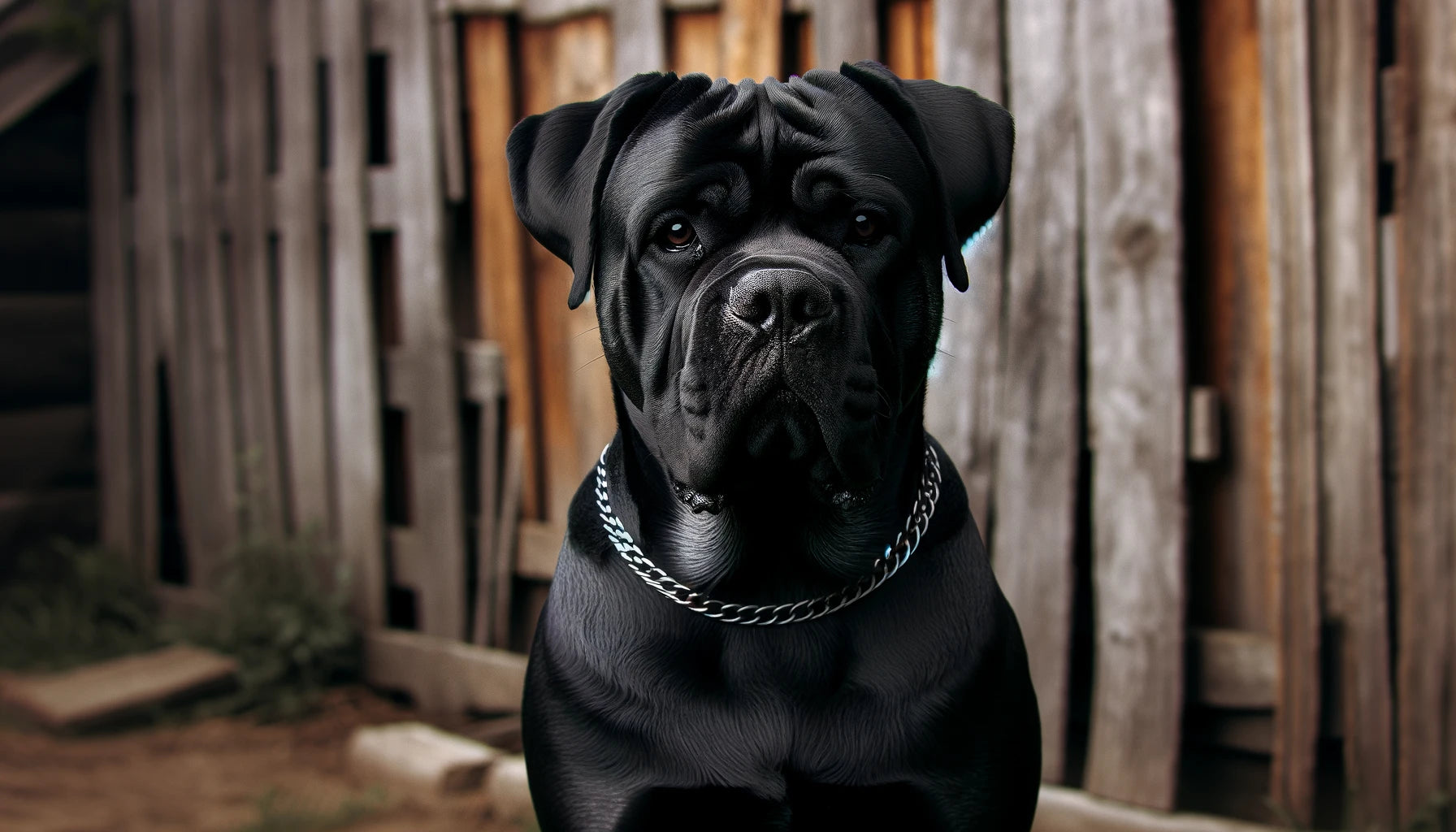 Full-body image of a black Cane Corso dog sitting upright in a wide frame