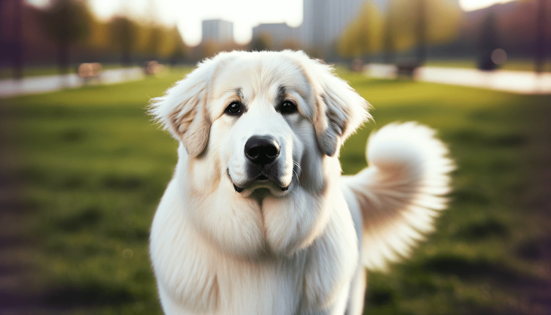 A gentle and friendly Pyrenees Lab Mix dog stands in a park setting with a soft expression, medium-length creamy white fur, and a sturdy build. Its e