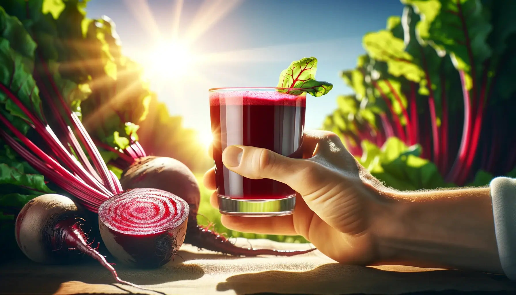 A hand holding a glass of clear refreshing beetroot juice against a sunny backdrop, illustrating a direct source of Betaine