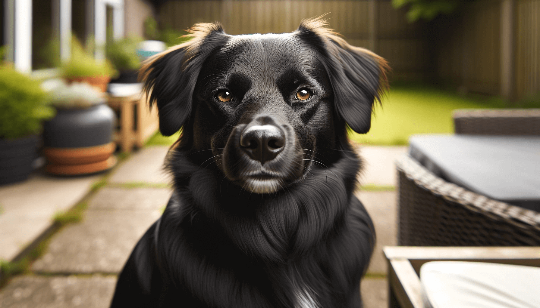 Handsome Borador Border Collie Lab Mix with a shiny black coat and a broad Lab-like face sitting outside with a relaxed and content expression.