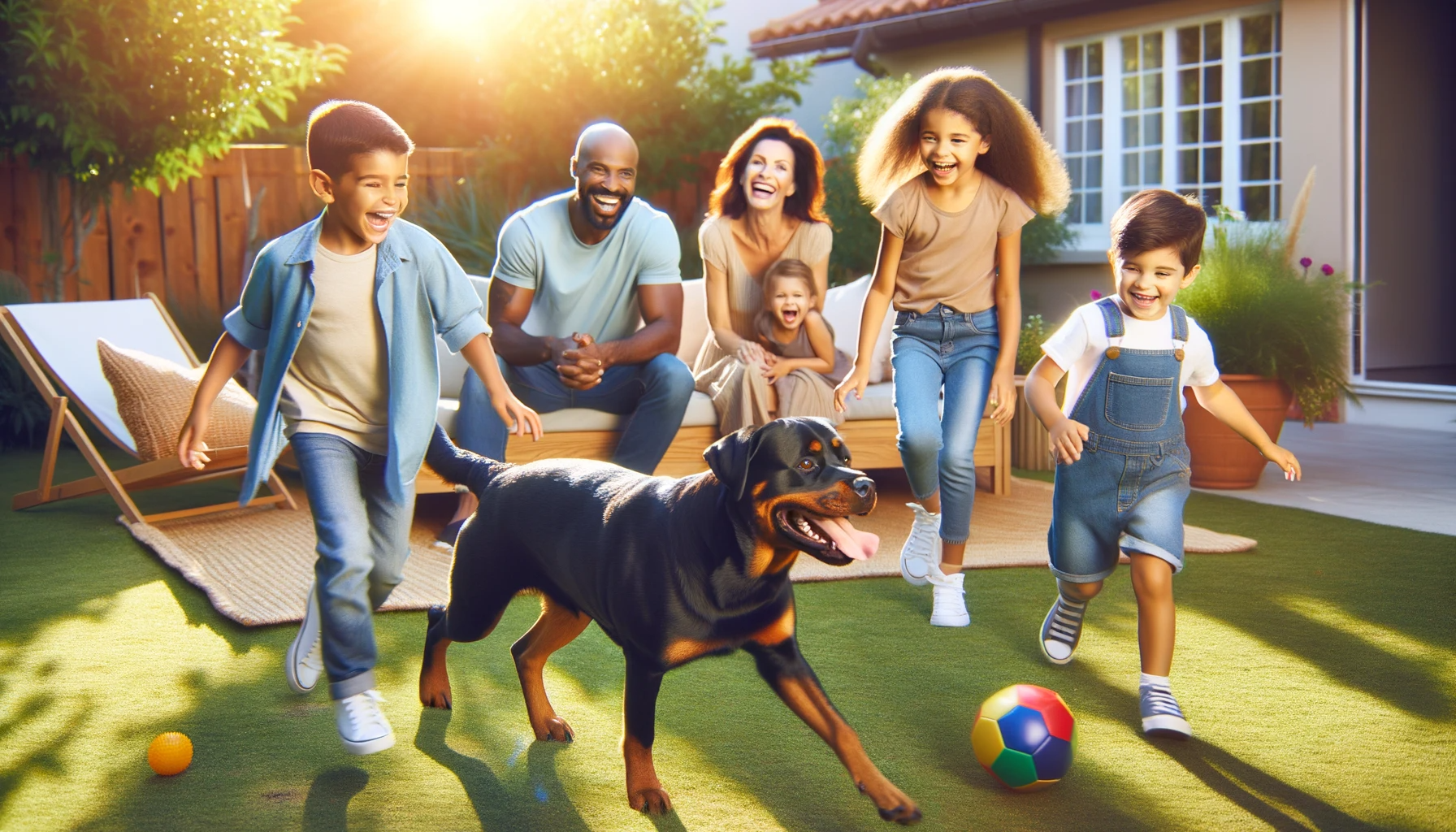 A happy family playing in the yard with their Rottweiler mixed with Lab, showing that these dogs can be excellent family pets when their needs are met