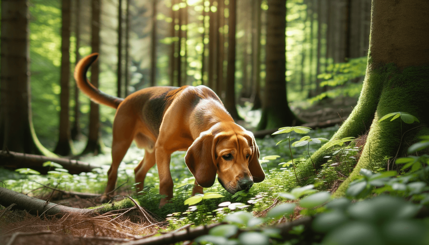 A Lab Hound Mix, possibly a bloodhound mix, keenly sniffing the ground in a natural setting