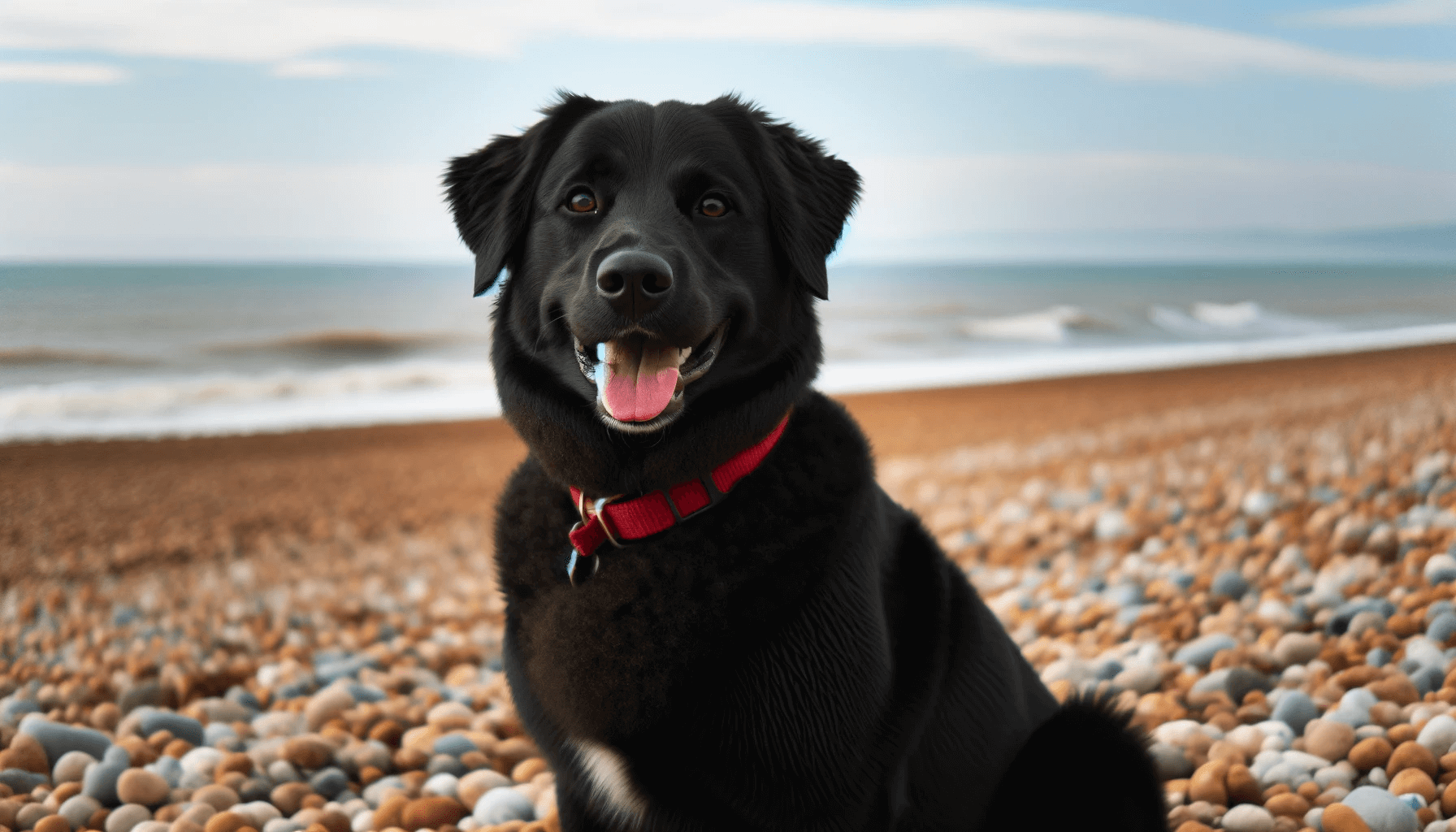 Jovial Borador Border Collie Lab Mix with a shiny black coat and a red collar, seated on a pebbly shore.