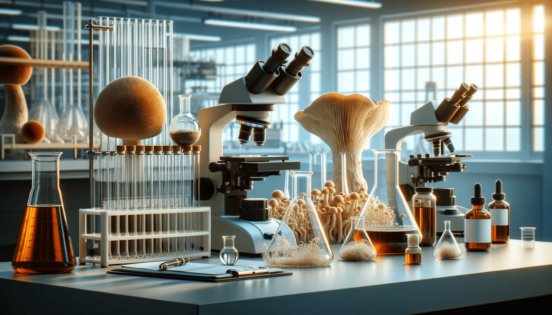 A laboratory setting with scientific equipment showcasing the process of extracting Lion's Mane Mushroom Extract. The scene includes beakers, flasks, and other scientific apparatus.